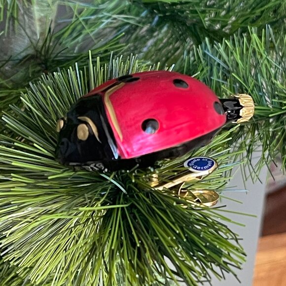 Vintage German Glass Ladybug Christmas Ornament Clip-On Hand Blown Red Black - Picture 5 of 6